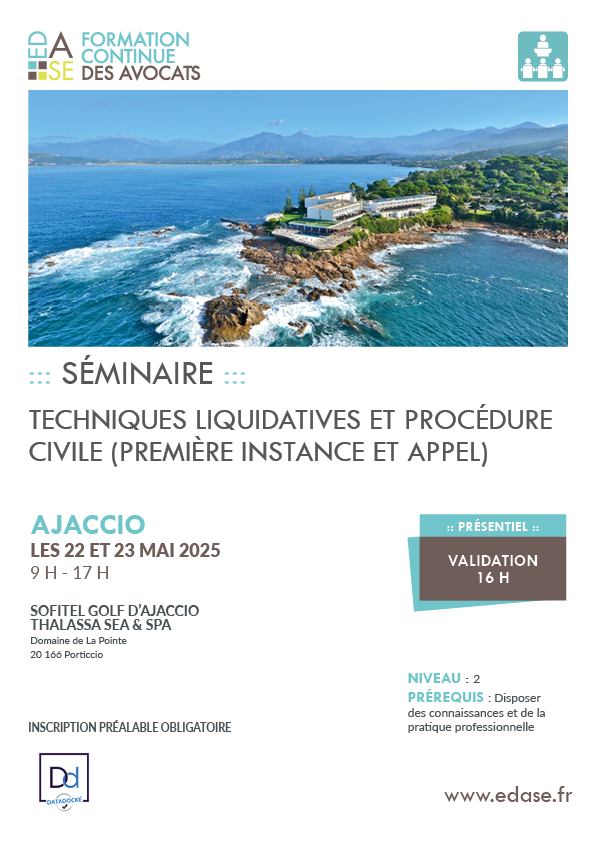SÉMINAIRE TECHNIQUES LIQUIDATIVES ET PROCÉDURE CIVILE (PREMIÈRE INSTANCE ET APPEL)